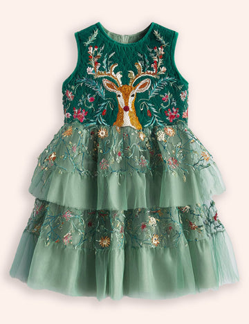 Festival Floral Reindeer Embroidered Tulle Dress